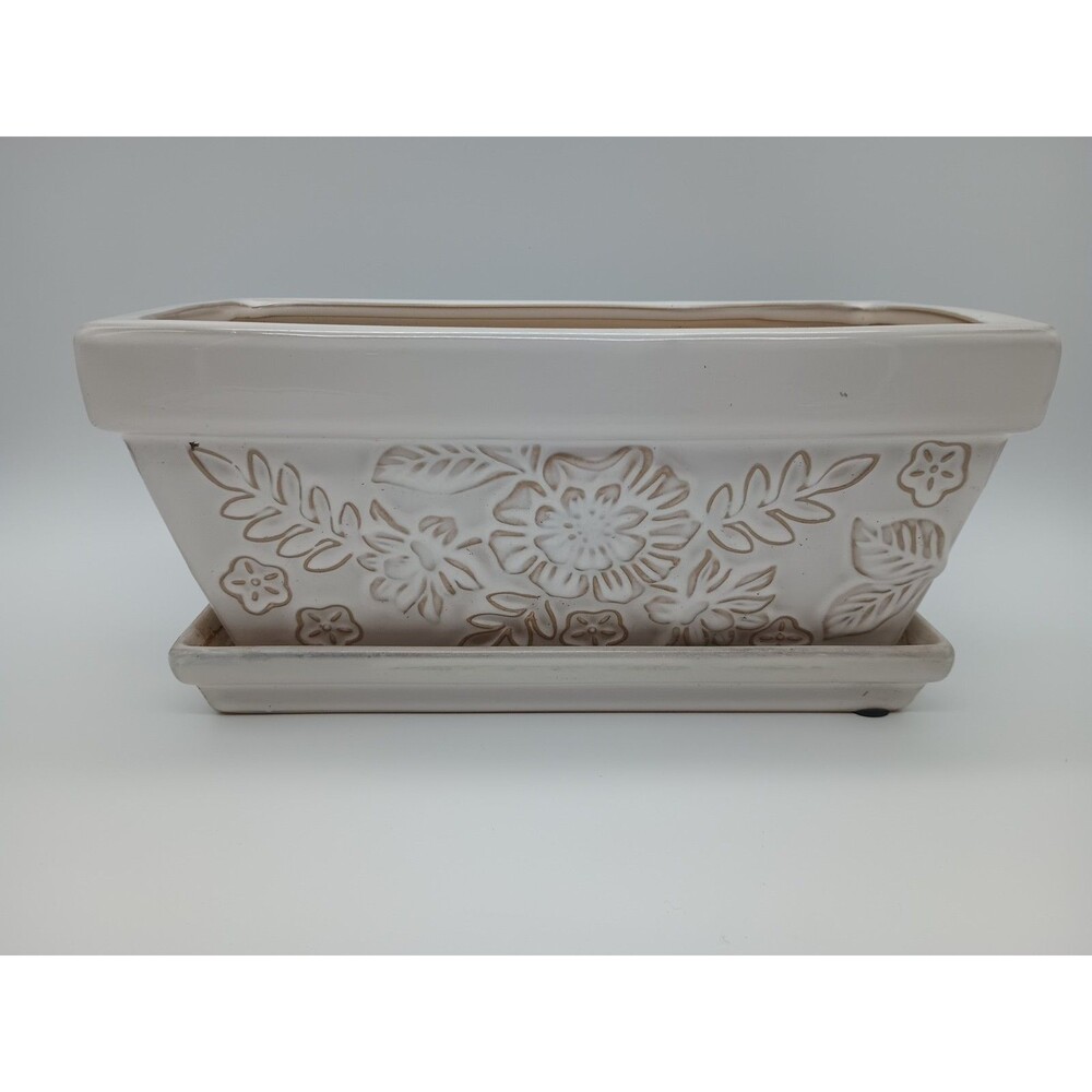 Ceramic Planter Rectangular Flower Ivory Cottage Core Granny Spring Floral